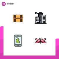 Pack of 4 creative Filledline Flat Colors of briefcase office documents suitcase mobile Editable Vector Design Elements