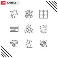 9 User Interface Outline Pack of modern Signs and Symbols of village hays rolls farm credit card Editable Vector Design Elements