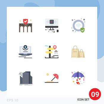 Pack of 9 creative Flat Colors of video computer web camera wifi Editable Vector Design Elements