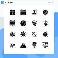 Group of 16 Modern Solid Glyphs Set for monitor badge agent shield protection Editable Vector Design Elements