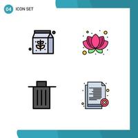 Group of 4 Filledline Flat Colors Signs and Symbols for food garbage lotus basket delete Editable Vector Design Elements