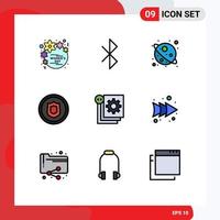 Modern Set of 9 Filledline Flat Colors Pictograph of development coding space shield badge Editable Vector Design Elements