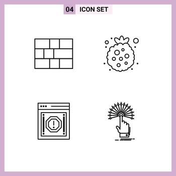 4 User Interface Line Pack of modern Signs and Symbols of firewall message berry raspberry warning Editable Vector Design Elements