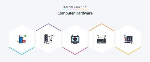 paquete de iconos de 25 líneas completas de hardware de computadora que incluye hardware. tarjeta. cerca. teclado. dispositivo vector