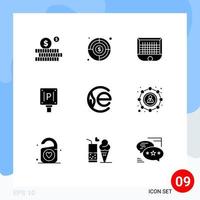 paquete de 9 signos y símbolos de glifos sólidos modernos para medios de impresión web como elementos de diseño de vectores editables de estacionamiento de señal de puerta de hotel de monedas