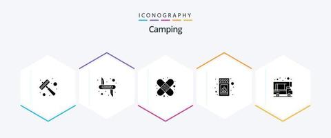 paquete de iconos de 25 glifos para acampar que incluye caravana. palo. seguridad. fósforo. caja vector