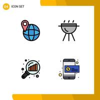 Filledline Flat Color Pack of 4 Universal Symbols of global search stats barbecue data analyzing dollar Editable Vector Design Elements