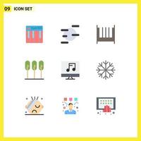 Mobile Interface Flat Color Set of 9 Pictograms of media trees bed tree nature Editable Vector Design Elements