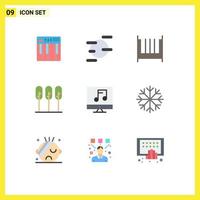 Mobile Interface Flat Color Set of 9 Pictograms of media trees bed tree nature Editable Vector Design Elements