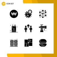 Editable Vector Line Pack of 9 Simple Solid Glyphs of people brainstorm hierarchy power gallon Editable Vector Design Elements