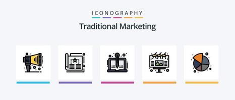 la línea de marketing tradicional llenó el paquete de 5 iconos, incluido el mercado. demanda. caso. negocio. por ciento. diseño de iconos creativos vector