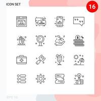 Mobile Interface Outline Set of 16 Pictograms of tea cup app quote bubble Editable Vector Design Elements