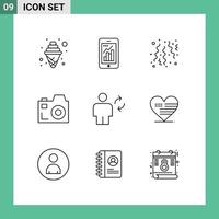 Group of 9 Outlines Signs and Symbols for body media mobile graph communication party Editable Vector Design Elements