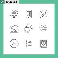 Group of 9 Outlines Signs and Symbols for body media mobile graph communication party Editable Vector Design Elements