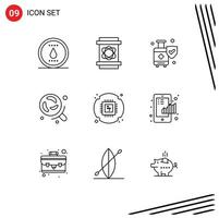 Pictogram Set of 9 Simple Outlines of cpu science insurance research bacteria Editable Vector Design Elements