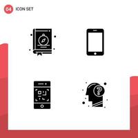 conjunto de pictogramas de 4 glifos sólidos simples de tecnología de teléfono de camping con brújula elementos de diseño vectorial editables vector