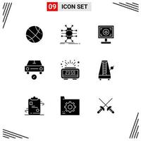 Mobile Interface Solid Glyph Set of 9 Pictograms of clock done brand complete car Editable Vector Design Elements