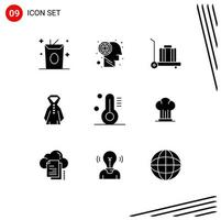 Pack of 9 Modern Solid Glyphs Signs and Symbols for Web Print Media such as cooker cap luggage weather temperature Editable Vector Design Elements