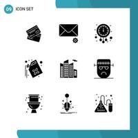 Pack of 9 Modern Solid Glyphs Signs and Symbols for Web Print Media such as pollution can message watch new year Editable Vector Design Elements