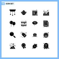 Group of 16 Modern Solid Glyphs Set for fly statistics alert shopping chart Editable Vector Design Elements