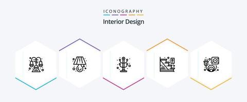 paquete de iconos de 25 líneas de diseño de interiores que incluye enchufe. eléctrico. muebles. escaleras de casa. escaleras vector