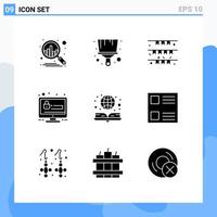 Pack of 9 creative Solid Glyphs of globe book garland security seo Editable Vector Design Elements