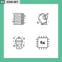 Mobile Interface Line Set of 4 Pictograms of data frappe server meditation food Editable Vector Design Elements