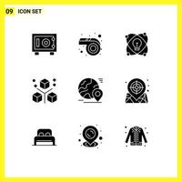 9 User Interface Solid Glyph Pack of modern Signs and Symbols of pin globe light programing development Editable Vector Design Elements