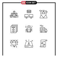 Group of 9 Modern Outlines Set for secure padlock mosque gdpr map Editable Vector Design Elements