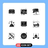 Modern Set of 9 Solid Glyphs and symbols such as signal laptop email plunger cleaning Editable Vector Design Elements