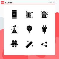 Group of 9 Modern Solid Glyphs Set for charge light camera bulb flask Editable Vector Design Elements