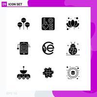 Mobile Interface Solid Glyph Set of 9 Pictograms of crypto currency coin flower earth coin hardware Editable Vector Design Elements