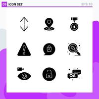 9 Thematic Vector Solid Glyphs and Editable Symbols of bacteria lock badges chat triangle Editable Vector Design Elements