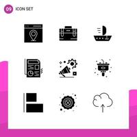 Pictogram Set of 9 Simple Solid Glyphs of announcement campaign sail graph document Editable Vector Design Elements