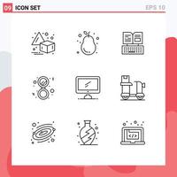 Pictogram Set of 9 Simple Outlines of monitor solid key mirror bathroom Editable Vector Design Elements