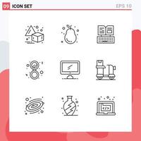 Pictogram Set of 9 Simple Outlines of monitor solid key mirror bathroom Editable Vector Design Elements