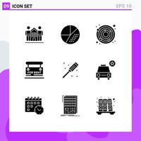 Pack of 9 creative Solid Glyphs of mechanical for rent search sign nadir Editable Vector Design Elements