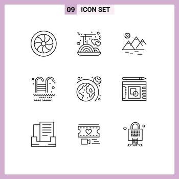 Pack of 9 Modern Outlines Signs and Symbols for Web Print Media such as system astronomy environment park swimming pool Editable Vector Design Elements