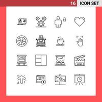 Outline Pack of 16 Universal Symbols of like heart ideas padlock human Editable Vector Design Elements