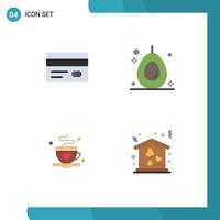 Pack of 4 Modern Flat Icons Signs and Symbols for Web Print Media such as banking tea credit card fruit home Editable Vector Design Elements