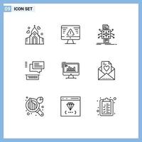 Set of 9 Modern UI Icons Symbols Signs for chart chating analysis conversation reporting Editable Vector Design Elements