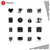 Editable Vector Line Pack of 16 Simple Solid Glyphs of contact basket love shopping farm Editable Vector Design Elements