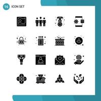 Pictogram Set of 16 Simple Solid Glyphs of lock process eight march development coding Editable Vector Design Elements