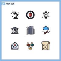 Pack of 9 creative Filledline Flat Colors of buildings building target bank iot Editable Vector Design Elements