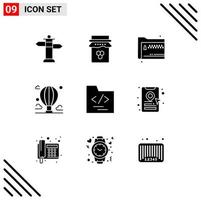 Set of 9 Vector Solid Glyphs on Grid for sky cloud folder balloon zip Editable Vector Design Elements