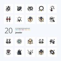 paquete de iconos de color lleno de línea de 20 joyas como gema boda mala anillo diamante vector