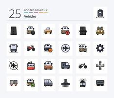 Paquete de iconos rellenos de 25 líneas de vehículos, incluido el puente. más. vehículos más. agregar vector