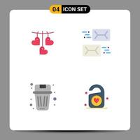 paquete de 4 iconos planos creativos de cesta de corazón colgando correo electrónico eliminar elementos de diseño vectorial editables vector