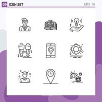 Pictogram Set of 9 Simple Outlines of mobile explore theory camping bulb Editable Vector Design Elements