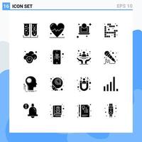 Set of 16 Vector Solid Glyphs on Grid for eco technology dollar power play Editable Vector Design Elements